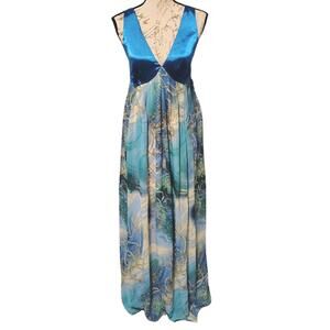 New Rare Aryeh Maxi Dress Medium Blue Satin Chiffon Babydoll Seaside Boho Retro